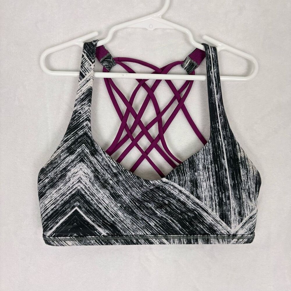 Lululemon Black White Striped Purple Strappy Back Free To Be Wild Sports Bra 4